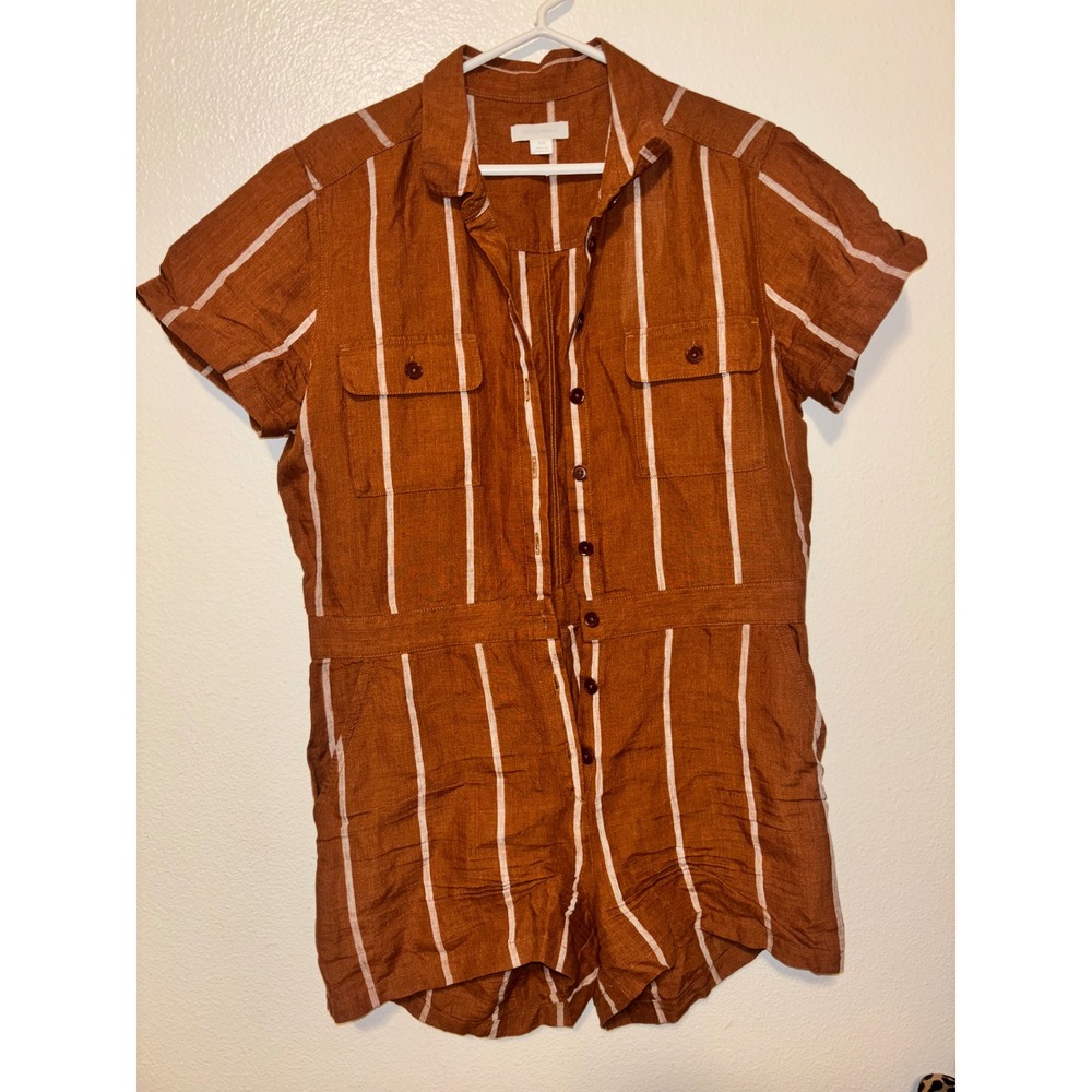 OUTERKNOWN Sea Romper Linen Stripe Playsuit Shortalls Brown Caramel Sz M - Picture 2 of 5
